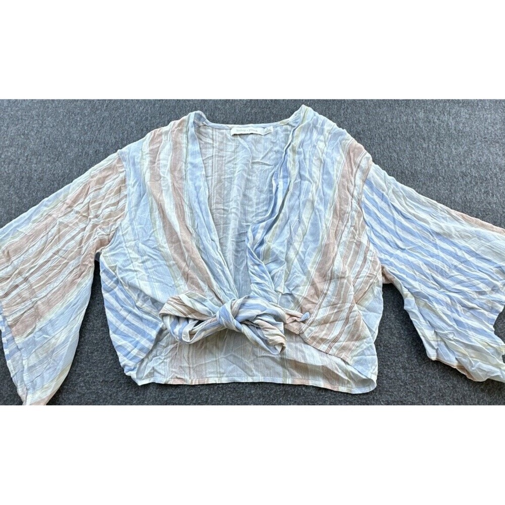 Bishop + Young Shirt Womens Small Blue Striped Tie Top Flutter Bell Sleeve